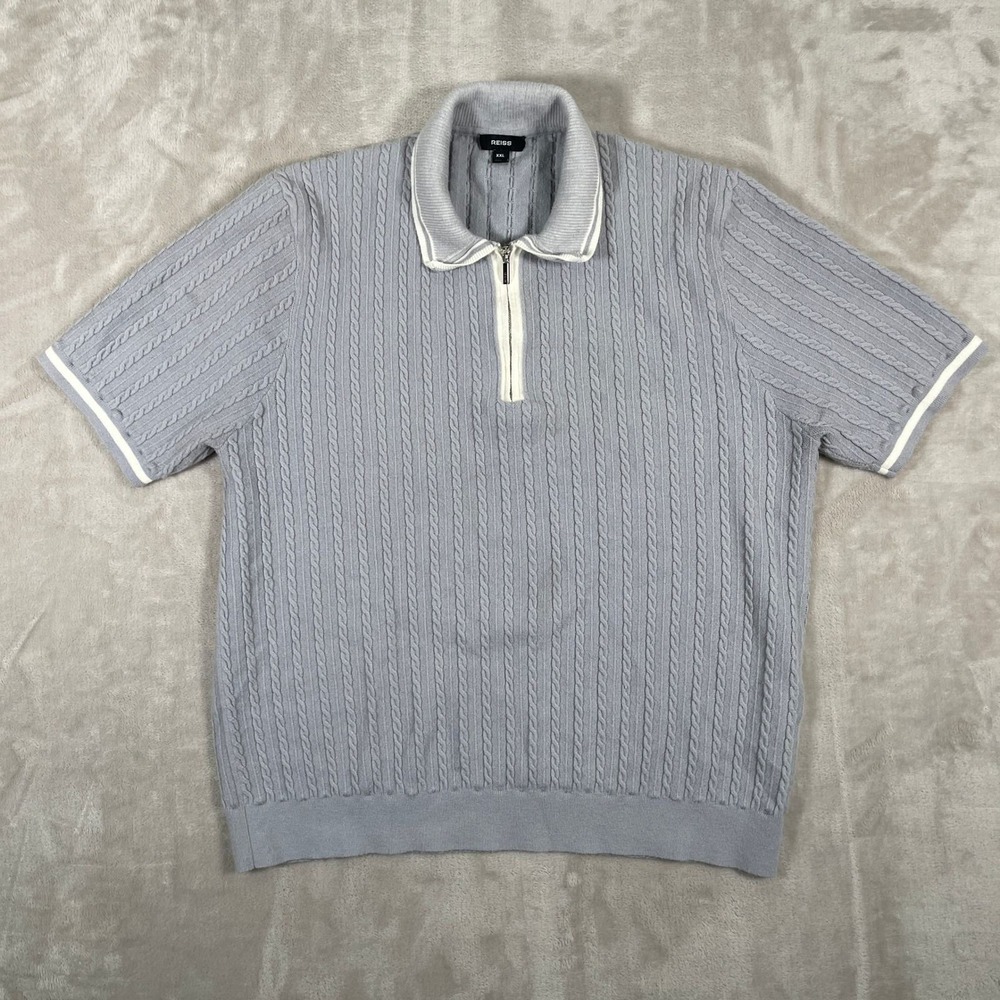 Reiss Men's Jarvis Polo Shirt Cable Knit Fisherman Preppy Quarter Zip XXL Blue